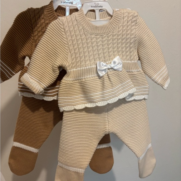 Knitted Baby One Piece Set - Cream and Brown - Picture 1 of 4